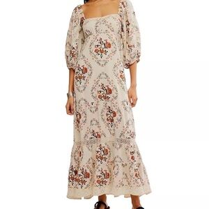 Free People Cream Floral Puff-Sleeve Maxi Dress